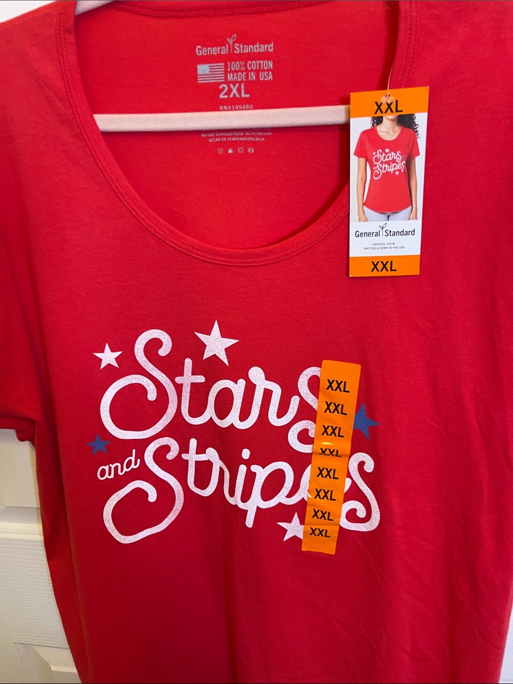 GENERAL STANDARD  American Ladies Tee with white "Stars and Stripes" Graphics.